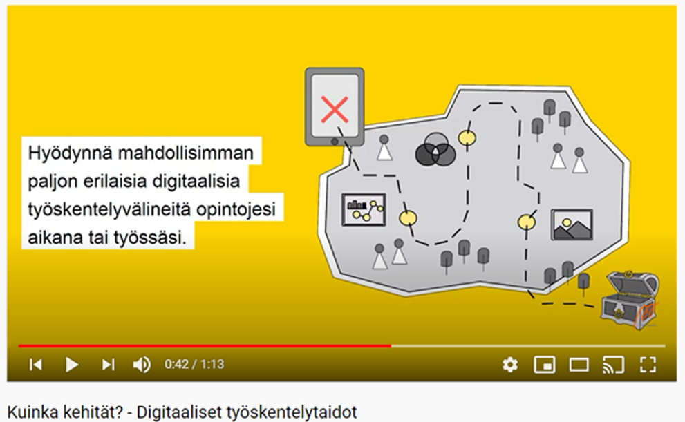 Kuvakaappaus "Kuinka kehität? -Digitaaliset työskentelytaidot" -videosta. kuvakaappauksessa lukee "Hyödynnä mahdollisimman paljon erilaisia digitaalisia työskentelyvälineitä opintojesi aikana tai työssäsi."