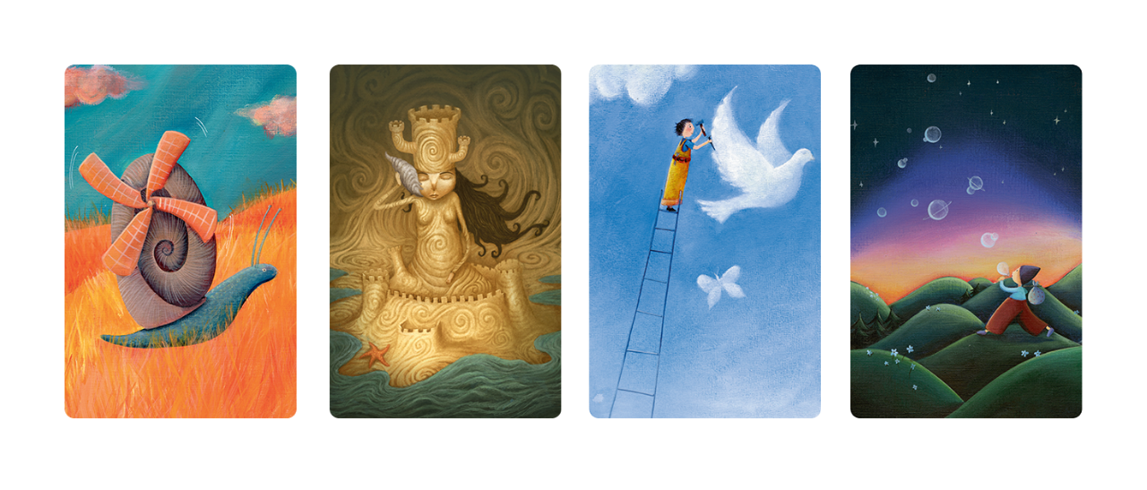 Neljä Dixit-korttia, jossa on satuhahmon kaltaisia hahmoja. Kuvat ovat värikkäitä ja mielikuvituksellisia.