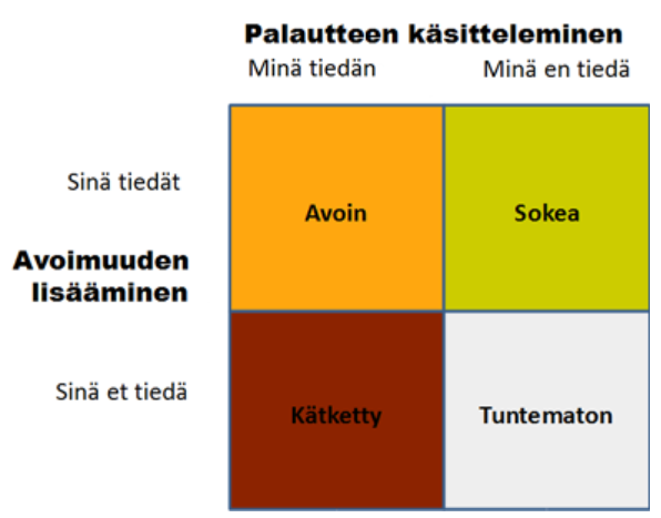 Joharin ikkunasta, on nelikenttä, joka kuvaa paluatteen käsittelemistä ja avoimuuden lisäämistä sanoilla avoin, sokea, kätketty ja tuntematon.