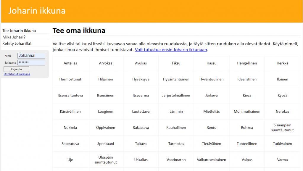 Joharin ikkunassa käyttäjä tekee oman nelikenttä-ikkunan, valitsemalla 5-6 itseään kuvaavaa sanaa.
