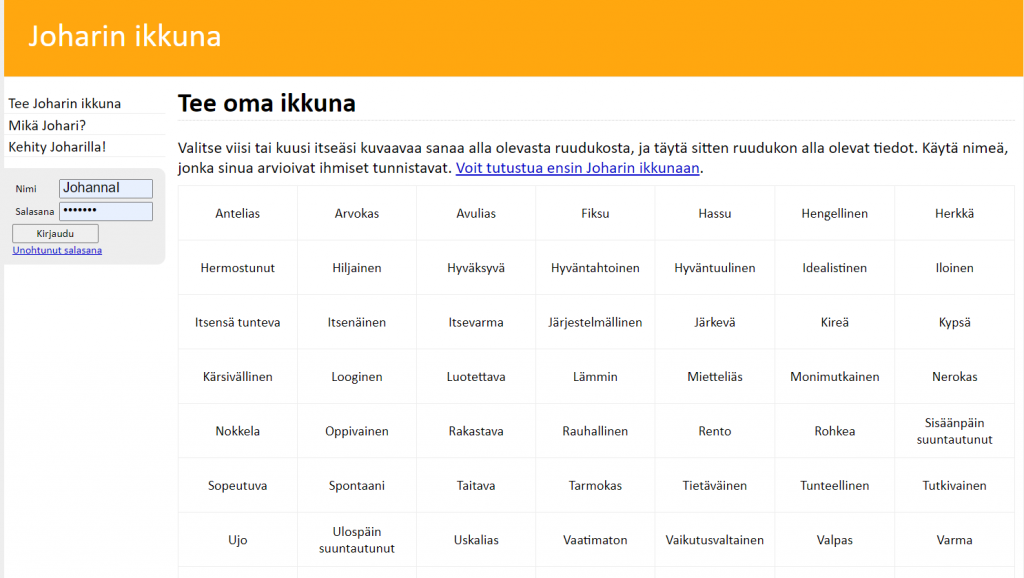 Joharin ikkunassa käyttäjä tekee oman nelikenttä-ikkunan, valitsemalla 5-6 itseään kuvaavaa sanaa. 