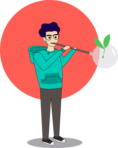 Lasinpuhaltajaa kuvaava piirretty hahmo, joka puhaltaa lasiapalloa, jossa on pieni kasvin verso.