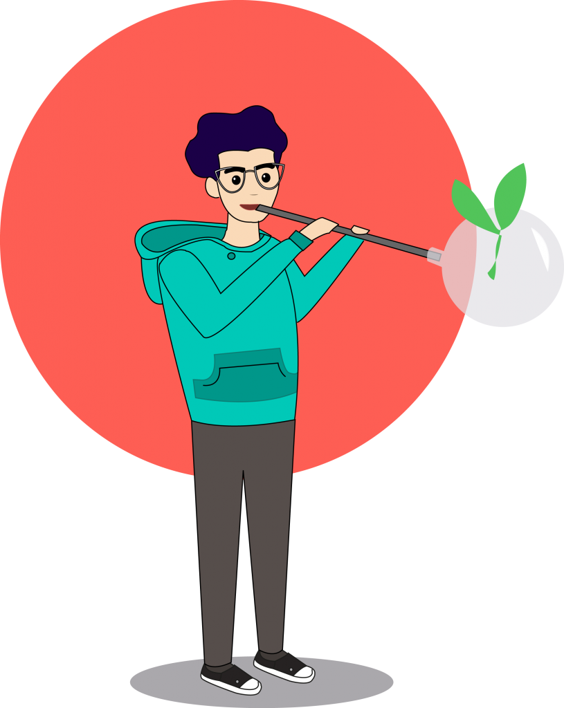 Lasinpuhaltajaa kuvaava hahmo, joka puhaltaa lasiapalloa, jossa on pieni kasvin verso.